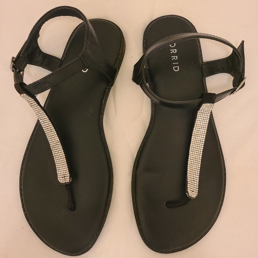 Torrid Black T-Strap Sandals with Rhinestones 8W